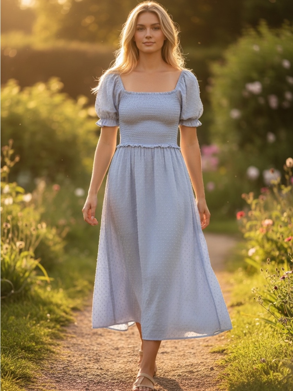 Lush Powder Blue Puff-Sleeve Midi Dress NWT